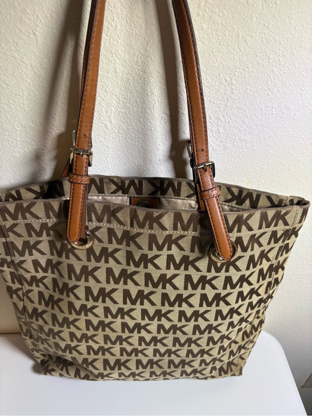 Michael Kors Beige and Brown MK Logo Canvas Tote with Tan Leather Straps